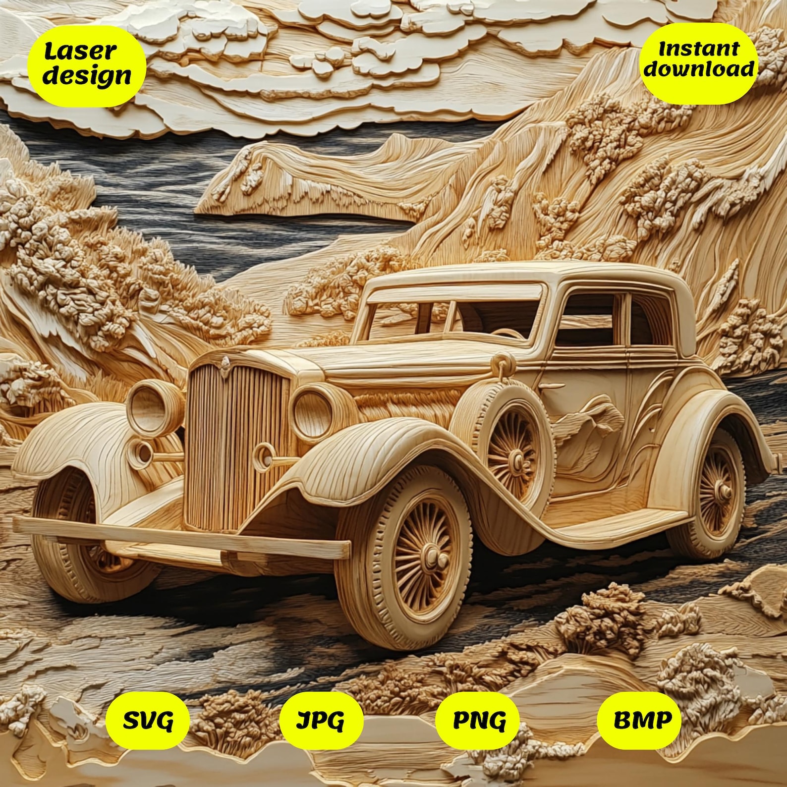 3D Retro Car Laser Engrave File: Glowforge/xtool Ready (PNG, SVG ...