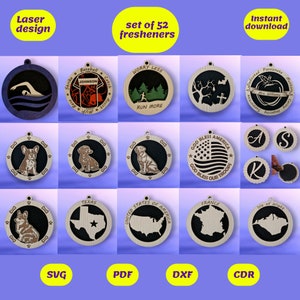 May include: A set of 52 laser cut designs for air fresheners. The designs include a variety of themes, such as sports, animals, and patriotic symbols. The designs are available in SVG, PDF, DXF, and CDR formats.
