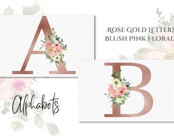 Rose Gold Floral Alphabets, Watercolor Floral letters, Wedding Monogram, Watercolor Initials, Wedding Decor PNG Clipart, Gold Foil Letters