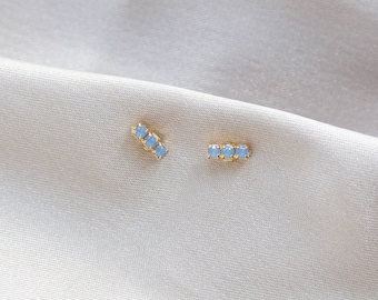 Something Blue Bar Stud, Three Stone Earrings Blue Wedding Jewelry Bridal Earrings, Hypoallergenic Studs