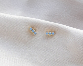 Something Blue Bar Stud, Three Stone Earrings Blue Wedding Jewelry Bridal Earrings, Hypoallergenic Studs *READY TO SHIP