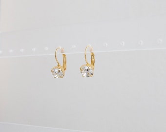Sparkle Leverback Earrings Gold, Bridesmaids Gifts for Wedding Day Earrings for Brides Simple, Crystal Drop Down Earring, Cubic Zirconia
