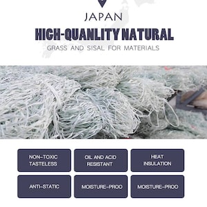 Puede incluir: Primer plano de una pila de material blanco y fibroso. El texto "JAPAN HIGH-QUANLITY NATURAL GRASS AND SISAL FOR MATERIALS" est&aacute; en la parte superior de la imagen. Debajo del material hay seis botones con el siguiente texto: "NON-TOXIC TASTELESS", "OIL AND ACID RESISTANT", "HEAT INSULATION", "ANTI-STATIC", "MOISTURE-PROO" y "MOISTURE-PROO".