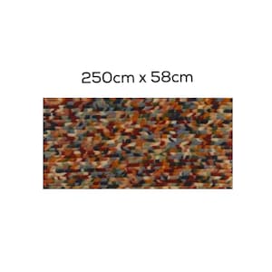 May include: A rectangular rug with a colorful mosaic pattern. The rug measures 250cm x 58cm (98.4 inches x 22.8 inches). The design features a mix of blue, red, brown, and orange rectangular shapes.