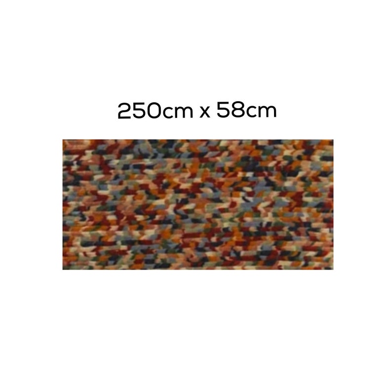 May include: A rectangular rug with a colorful mosaic pattern. The rug measures 250cm x 58cm (98.4 inches x 22.8 inches). The design features a mix of blue, red, brown, and orange rectangular shapes.