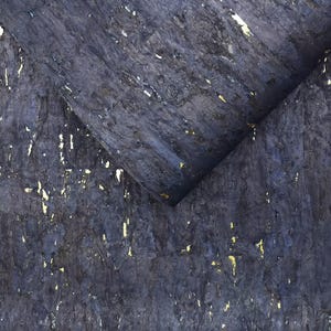 Dark Blue Cork Wood Veneer Wallpaper: Gold Accent Wallcovering