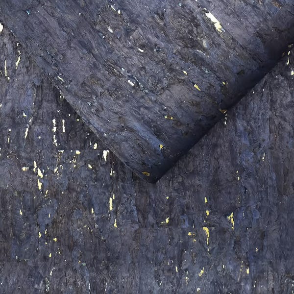 Dark Blue Cork Wood Veneer Wallpaper: Gold Accent Wallcovering