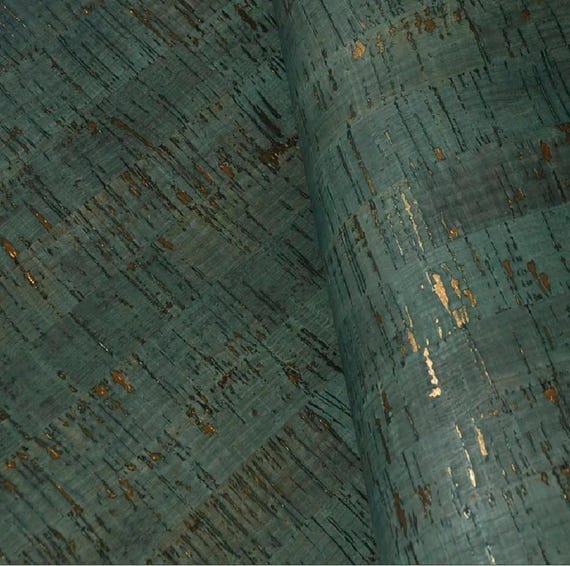 Dark Green Cork Wood Veneer Wallpaper: Metallic Gold Backing