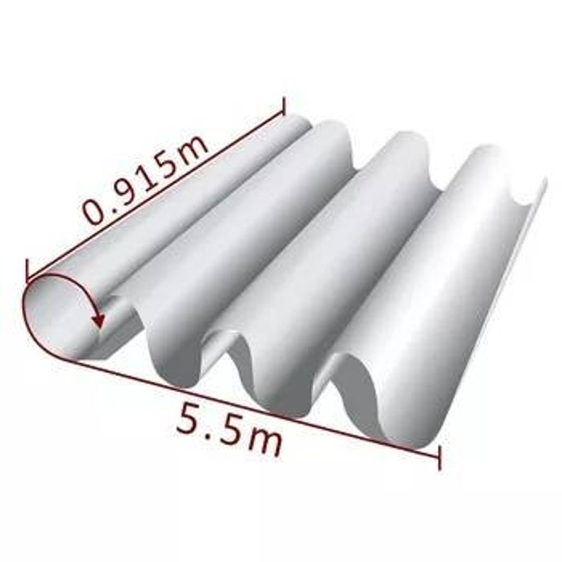 May include: A white corrugated metal sheet with a 5.5 foot length and a 0.915 foot diameter.