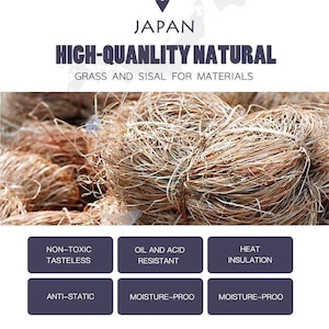 May include: Close-up of a bundle of natural sisal fibers, a sustainable material used for crafting. The text "HIGH-QUANLITY NATURAL GRASS AND SISAL FOR MATERIALS" is displayed above the image. The image also includes a list of features: "NON-TOXIC TASTELESS", "OIL AND ACID RESISTANT", "HEAT INSULATION", "ANTI-STATIC", "MOISTURE-PROO", "MOISTURE-PROO".