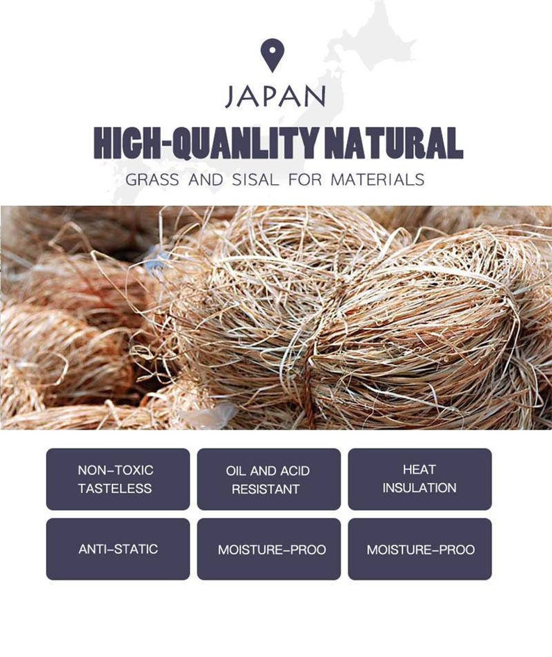 May include: Close-up of a bundle of natural sisal fibers, a sustainable material used for crafting. The text "HIGH-QUANLITY NATURAL GRASS AND SISAL FOR MATERIALS" is displayed above the image. The image also includes a list of features: "NON-TOXIC TASTELESS", "OIL AND ACID RESISTANT", "HEAT INSULATION", "ANTI-STATIC", "MOISTURE-PROO", "MOISTURE-PROO".