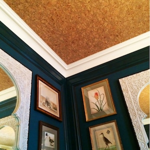 May include: A corner of a room with a cork ceiling and teal blue walls. The walls are decorated with framed botanical prints and a mirror with an ornate frame.