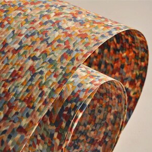 May include: Close-up of colorful patterned paper with a watercolor effect. The paper has a repeating design of small, irregular shapes in shades of red, blue, yellow, and green. The paper is curled, showing the pattern on both sides.