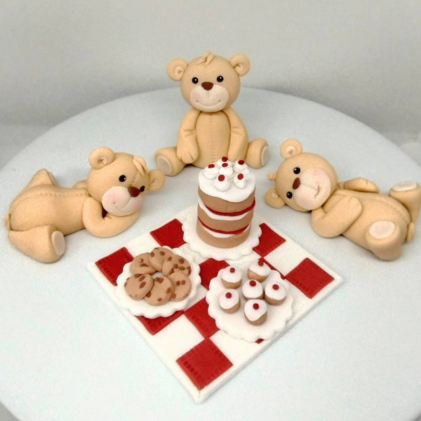 Edible Teddy bears picnic fondant cake toppers bear cake topper christening cake topper baby shower first birthday cake decorations