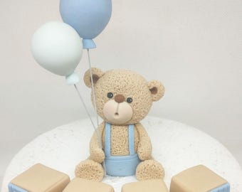Fondant teddy bear cake topper with balloons and baby blocks christening first birthday baby shower edible cake decorations