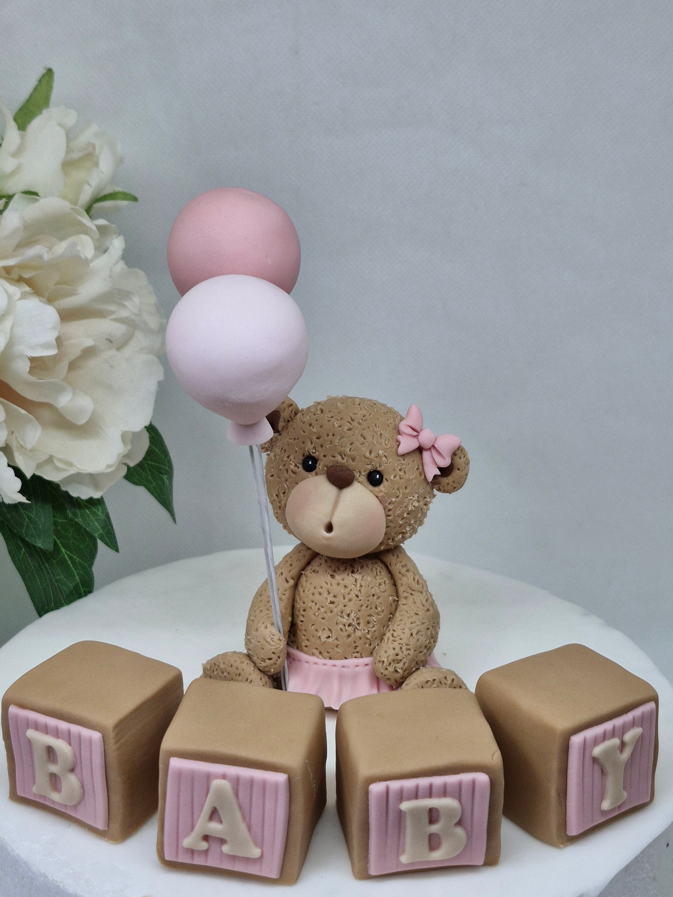 Fondant Teddy Bear Cake Topper With Balloons & Baby Blocks: Handmade ...