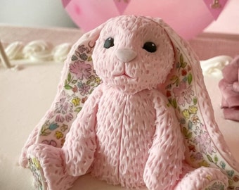 Fluffy floral patterned bunny rabbit fondant cake topper christening baby shower birthday