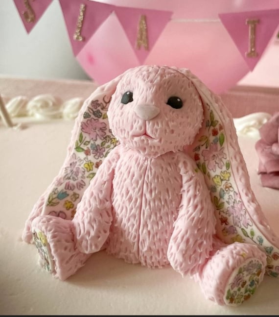 Fluffy floral patterned bunny rabbit fondant cake topper christening baby shower birthday