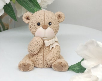 Fluffy teddy bear cake topper with bow fondant cake topper christening cake first birthday baby shower cake decorations