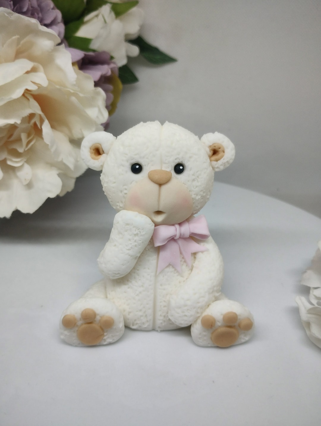Fondant Teddy Bear Cake Topper: Edible White Fluffy Teddy With Bow ...