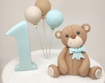 Fondant Teddy Bear Cake Topper with bow Edible Cake decorations first birthday christening baby shower