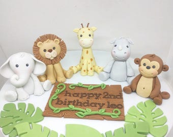 Fondant Jungle Safari animal Cake Toppers. lion monkey tiger elephant giraffe zebra. Wild one decorations. First  Birthday party