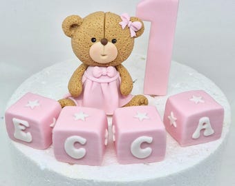 Fondant Teddy Bear Cake Topper: Number & Name Blocks, Christening, Birthday, baby shower cake decorations