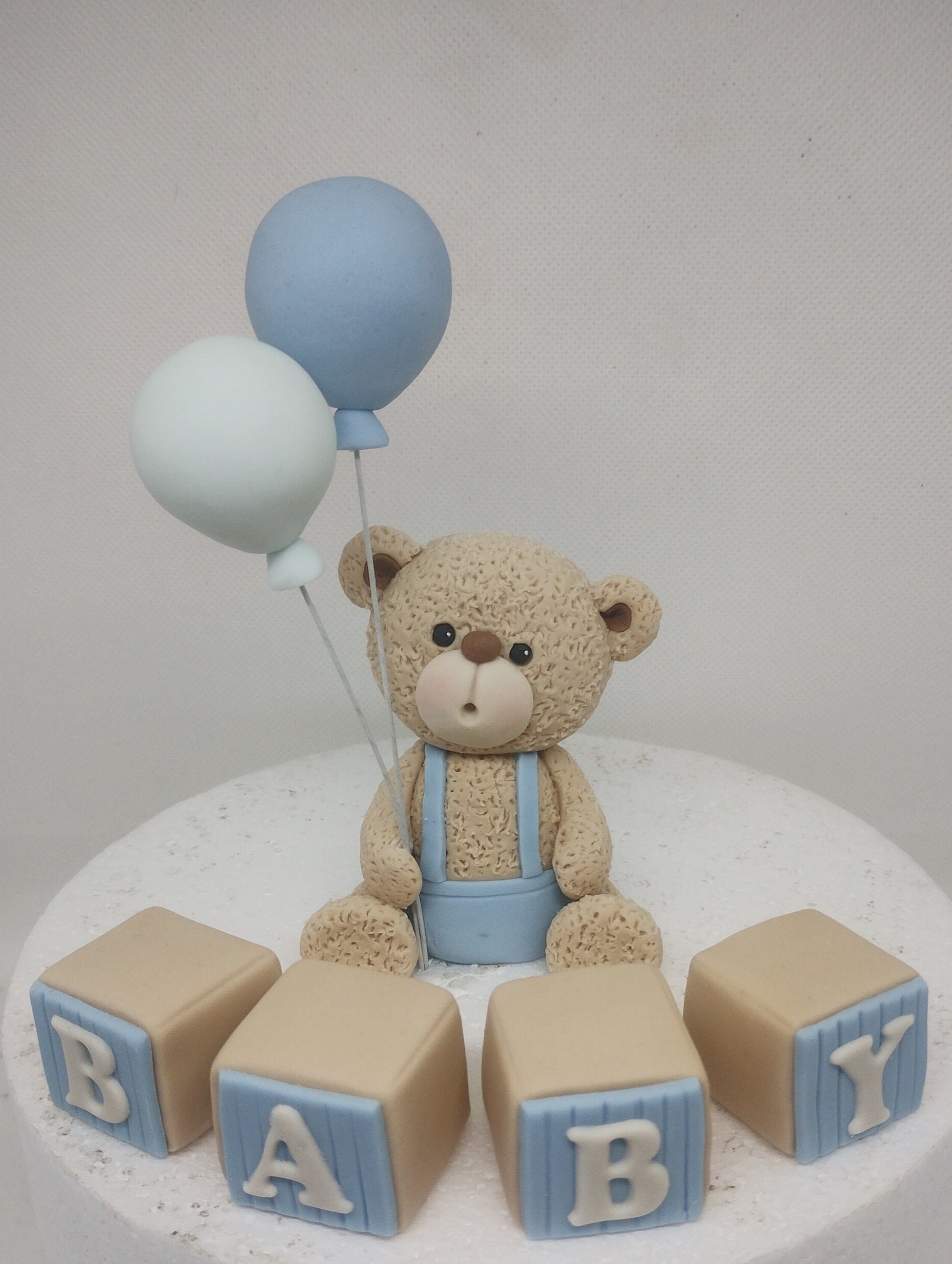 Fondant Teddy Bear Cake Topper With Balloons & Baby Blocks: Handmade ...