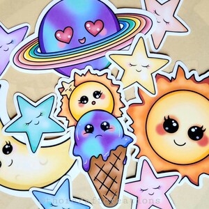 Kawaii Cuties Galaxy Stickers. Die Cut Vinyl, Space lovers gift, Cute Planet Sticker, Star Stickers, Moon Sticker, Cute Space Sticker