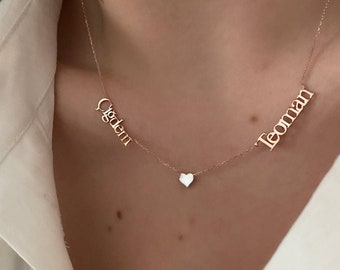 Two Name Necklace with Heart, Dainty Name Necklace, Gold Name Necklace, 2 names necklace, Personalized Jewelry, Mothers Day Gift