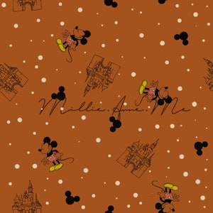 May include: A brown background with white polka dots, a castle, and Mickey Mouse characters. The text "Millie. Anne. Me" is written in cursive.
