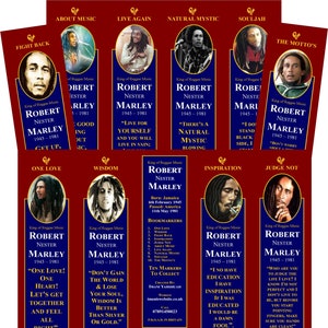 May include: Ten colourful bookmarks featuring images of Bob Marley with quotes from his songs. The bookmarks are red with blue and white accents. The text on the bookmarks includes "King of Reggae Music", "Robert Nester Marley", "1945-1981", and song titles such as "One Love", "Wisdom", "Inspiration", and "Judge Not".
