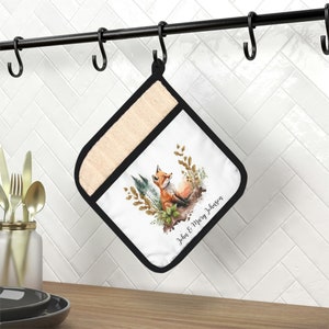 Soporte de olla personalizado con bolsillo / decoración de cocina / pintura de zorro / regalo / regalos para el hogar