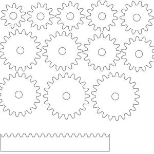 Puede incluir: Ilustración en blanco y negro de varios engranajes de diferentes tamaños. Los engranajes tienen forma circular con dientes alrededor y un agujero central. También se incluye un engranaje lineal en la parte inferior.