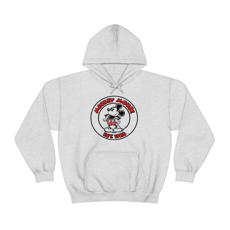 May include: A grey hooded sweatshirt with a black and white image of Mickey Mouse in a red circle with the text "Mickey Mouse Est 1928".