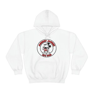 May include: White hooded sweatshirt with a black and red Mickey Mouse logo in a circle with the text "Mickey Mouse Est 1928".