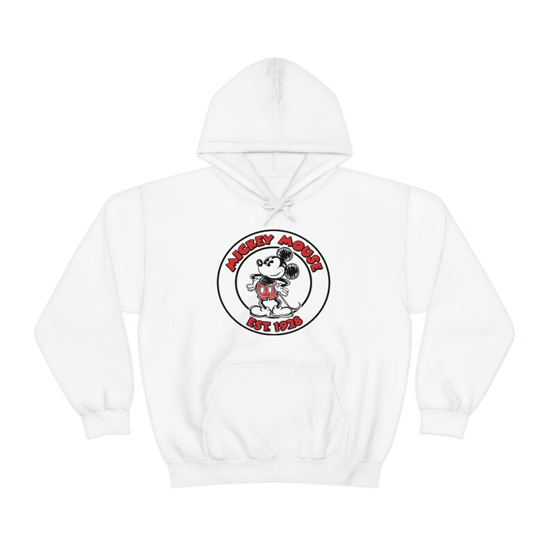 May include: White hooded sweatshirt with a black and red Mickey Mouse logo in a circle with the text "Mickey Mouse Est 1928".