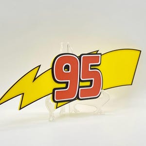 Puede incluir: Un rayo amarillo con el n&uacute;mero 95 en rojo y contorno negro. El n&uacute;mero est&aacute; sobre una bandera amarilla. El dise&ntilde;o est&aacute; sobre un soporte transparente.