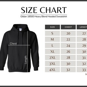 May include: Size chart for a Gildan 18500 Heavy Blend Hooded Sweatshirt. The chart shows sizes S through 4XL with corresponding chest and length measurements in inches.