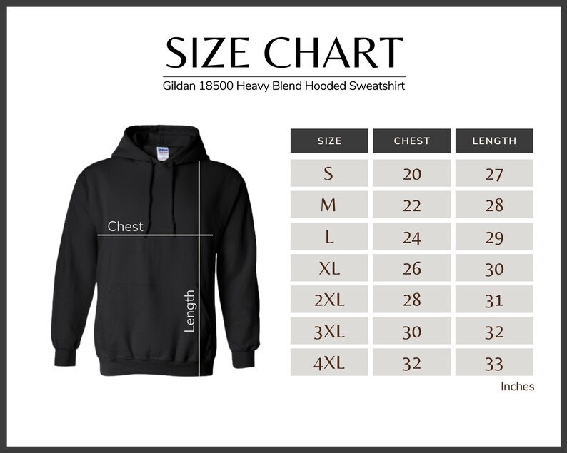 May include: Size chart for a Gildan 18500 Heavy Blend Hooded Sweatshirt. The chart shows sizes S through 4XL with corresponding chest and length measurements in inches.