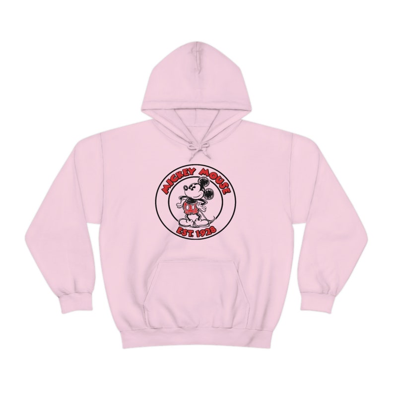 May include: Pink hooded sweatshirt with a black and red Mickey Mouse graphic and the text "Mickey Mouse Est 1928".