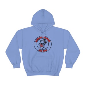 May include: Light blue hooded sweatshirt with a black and red Mickey Mouse logo. The logo features Mickey Mouse in a circle with the text "Mickey Mouse Est 1928".
