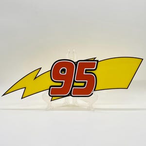 Puede incluir: Un letrero decorativo con el n&uacute;mero "95" en rojo con contorno blanco, sobre un rayo amarillo y una bandera amarilla. El dise&ntilde;o es audaz y gr&aacute;fico, adecuado para decoraci&oacute;n tem&aacute;tica.