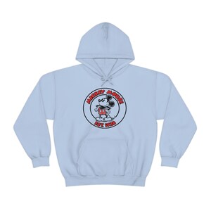 May include: Light blue hooded sweatshirt with a black and red Mickey Mouse logo in a circle that says "Mickey Mouse Est 1928".