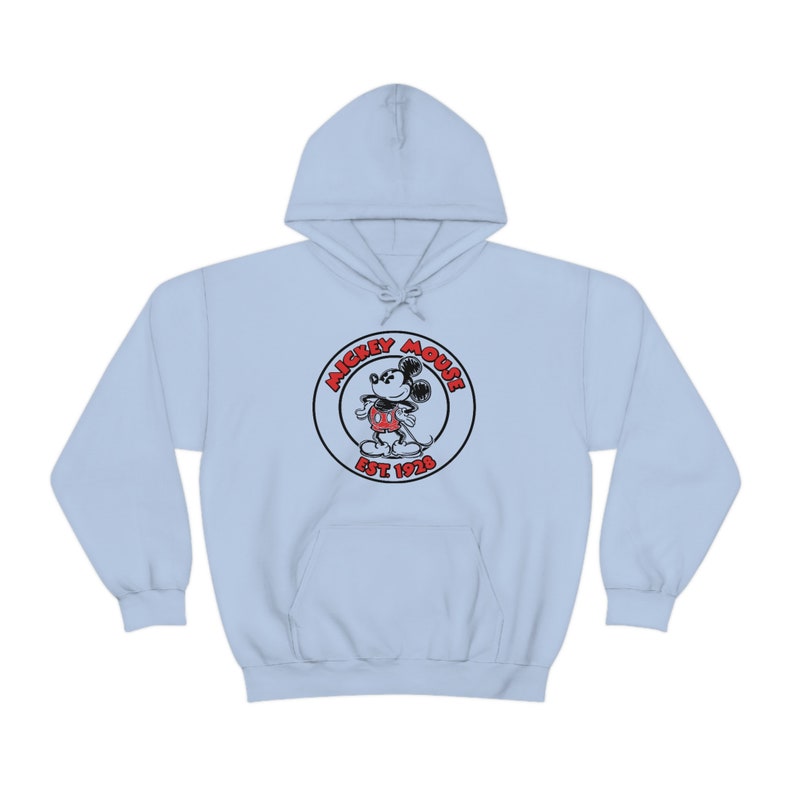 May include: Light blue hooded sweatshirt with a black and red Mickey Mouse logo in a circle that says "Mickey Mouse Est 1928".