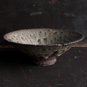Puede incluir: Un cuenco de cerámica ancho y poco profundo con una superficie interior texturizada, moteada en gris y beige con puntos oscuros. El exterior del cuenco tiene una base de color marrón oscuro rugosa e irregular que contrasta con la parte superior.