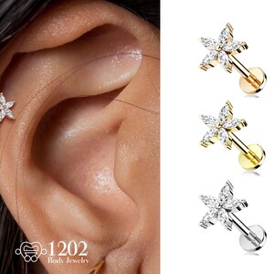 5 Marquise CZ Petals Flower Top Flat Back Studs, Labret, Piercing Style