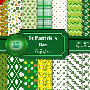 St. Patrick&#39;s Day  Digital Papers Lucky Marshmallow Spring Rainbow Scrapbook Paper Instant Download Four Leaf Clover Wallpaper Printable