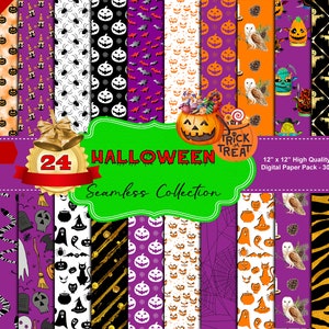 Cyfrowe papiery na Halloween, wzór na Halloween, bezszwowy powtarzalny wzór, upiorny, papier do scrapbookingu, tło z dynią ducha, bezszwowe do druku