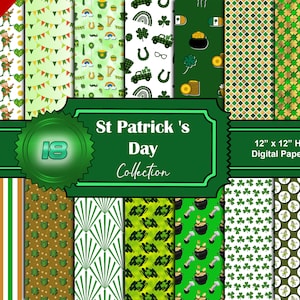 St. Patrick&#39;s Day Printable Day Digital Papers Lucky Marshmallow Spring Rainbow Scrapbook Paper Instant Download Four Leaf Clover Wallpaper